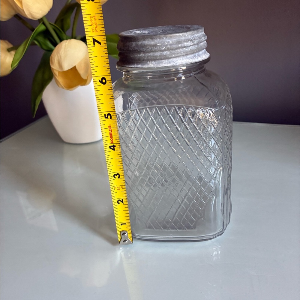 Vintage Square Clear Hoosier Glass Diamond-Pattern Glass Jar & Silver Zinc Lid - Picture 5 of 5